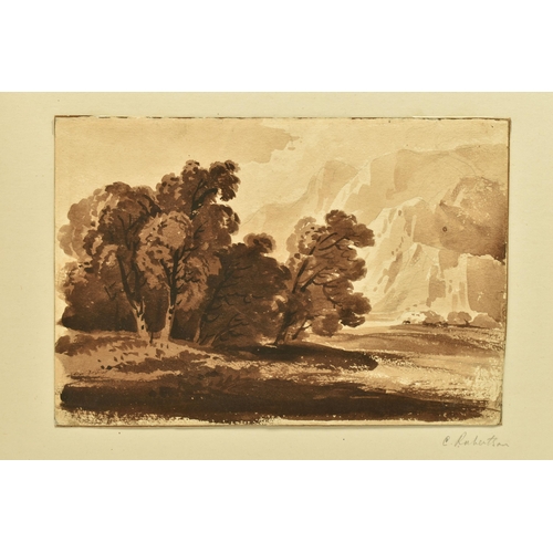 301 - TWO UNSIGNED 19TH CENTURY LANDSCAPE SKETCHES, the first depicts a landscape with trees and cliffs to... 