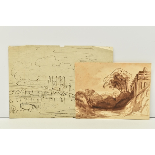 302 - JOHN VARLEY (1778-1842) A LANDSCAPE STUDY WITH BUILDINGS, depicting a building and trees on high gro... 