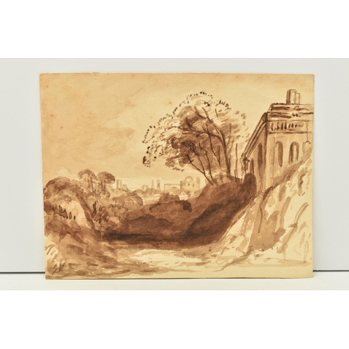 302 - JOHN VARLEY (1778-1842) A LANDSCAPE STUDY WITH BUILDINGS, depicting a building and trees on high gro... 