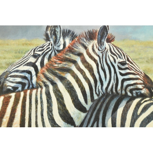 320 - TONY FORREST (BRITISH 1961) 'NEAREST AND DEAREST', a signed limited edition print on board of zebras... 