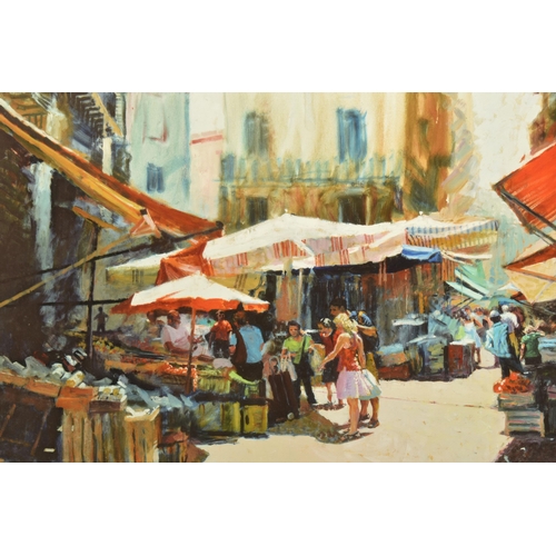 325 - ROLF HARRIS (AUSTRALIAN 1930) 'PALERMO MARKET' a limited edition print of an Italian market 34/195, ... 