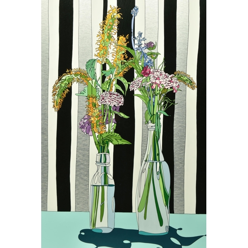 326 - DYLAN IZAAK (BRITISH CONTEMPORARY) 'FLOWERS ON STRIPED WALLPAPER', a selection of wild flowers in gl... 