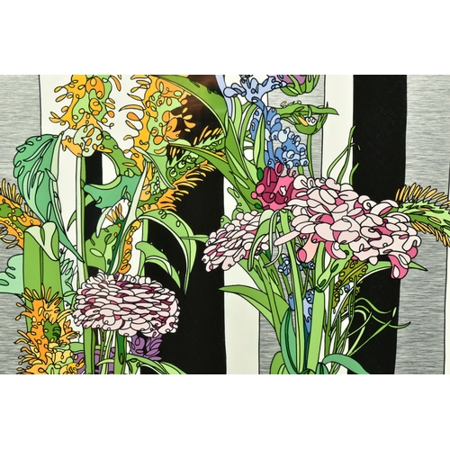 326 - DYLAN IZAAK (BRITISH CONTEMPORARY) 'FLOWERS ON STRIPED WALLPAPER', a selection of wild flowers in gl... 