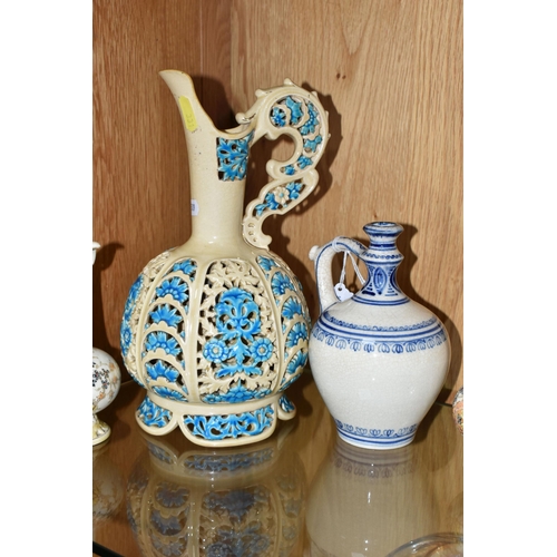 331 - A COLLECTION OF ZSOLNAY EWERS AND VASES, comprising a large turquoise blue and white reticulated ewe... 