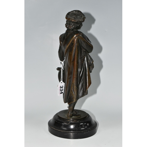 334 - A LATE NINETEENTH CENTURY BRONZE FIGURE OF AN ARTIST, standing with brushes and palette, unsigned, o... 