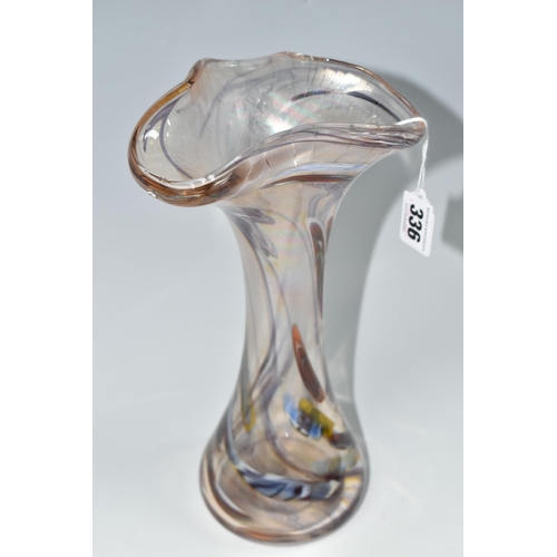 336 - A JOHN DITCHFIELD GLASFORM STUDIO GLASS VASE, of extended fluid form, with iridescence to the top ha... 