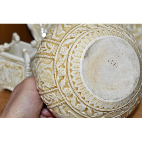 343 - THREE PIECES OF CREAM ZSOLNAY 'OLD IVORY' WARES, comprising a charger with relief figural classical ... 