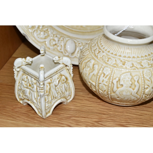 343 - THREE PIECES OF CREAM ZSOLNAY 'OLD IVORY' WARES, comprising a charger with relief figural classical ... 