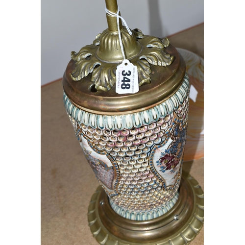 348 - A FISCHER BUDAPEST RETICULATED ELECTRIC TABLE LAMP, brass stand and base, two bulb fitting, with an ... 