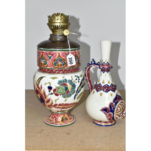 350 - A ZSOLNAY PORCELAIN OIL LAMP BASE AND RETICULATED ZSOLNAY VASE, the oil lamp is painted with an Orie... 