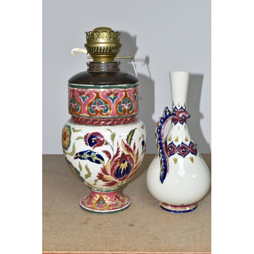 350 - A ZSOLNAY PORCELAIN OIL LAMP BASE AND RETICULATED ZSOLNAY VASE, the oil lamp is painted with an Orie... 