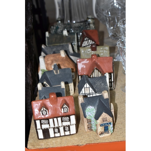 352 - A GROUP OF CUT GLASSWARE AND CERAMICS, a collection of twelve miniature houses and cottages, to incl... 