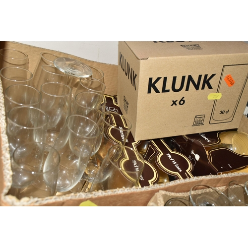 357 - FOUR BOXES OF GLASSWARE, to include two boxed sets of six 'Klunk' tumblers, a quantity of packaged '... 