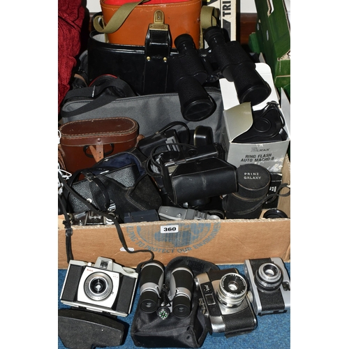 360 - ONE BOX OF VINTAGE CAMERAS AND BINOCULARS, to include an Halina Super, a Prinzflex Super TTL No. 701... 