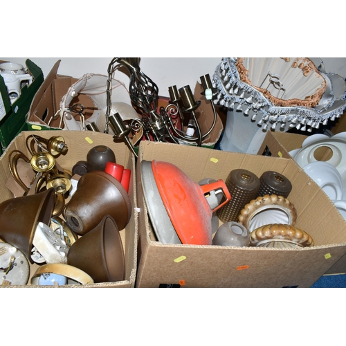 362 - FOUR BOXES OF VINTAGE CEILING LIGHT FITTINGS, to include mid-century glass shades, fabric shades, br... 