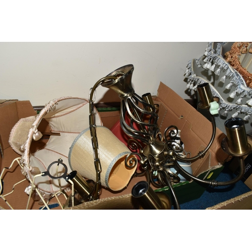 362 - FOUR BOXES OF VINTAGE CEILING LIGHT FITTINGS, to include mid-century glass shades, fabric shades, br... 