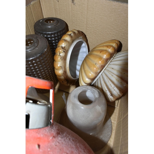 362 - FOUR BOXES OF VINTAGE CEILING LIGHT FITTINGS, to include mid-century glass shades, fabric shades, br... 