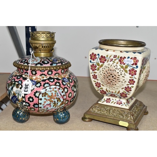 363 - A FISCHER BUDAPEST OIL LAMP BASE AND URN, comprising a floral design lamp base on a pink ground, sup... 