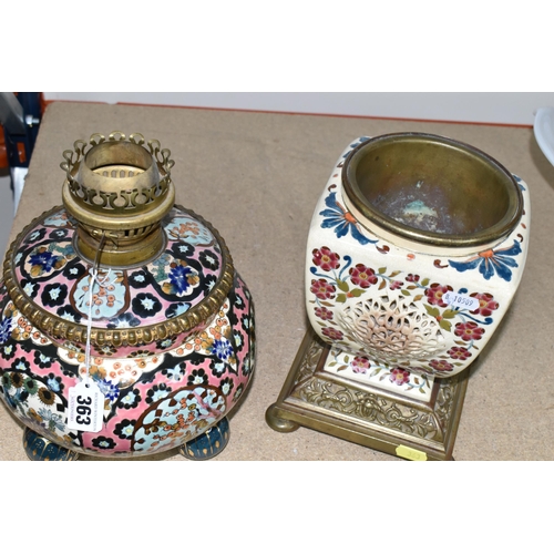 363 - A FISCHER BUDAPEST OIL LAMP BASE AND URN, comprising a floral design lamp base on a pink ground, sup... 