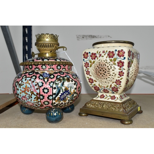 363 - A FISCHER BUDAPEST OIL LAMP BASE AND URN, comprising a floral design lamp base on a pink ground, sup... 