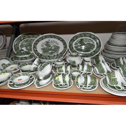 366 - A LARGE QUANTITY OF GREEN AND WHITE ADAMS IRONSTONE 'ENGLISH SCENIC' PATTERN DINNERWARE, comprising ... 