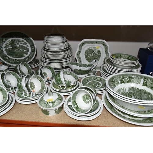 366 - A LARGE QUANTITY OF GREEN AND WHITE ADAMS IRONSTONE 'ENGLISH SCENIC' PATTERN DINNERWARE, comprising ... 