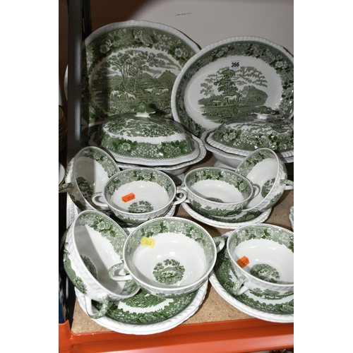 366 - A LARGE QUANTITY OF GREEN AND WHITE ADAMS IRONSTONE 'ENGLISH SCENIC' PATTERN DINNERWARE, comprising ... 