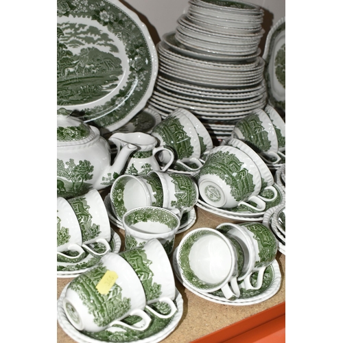 366 - A LARGE QUANTITY OF GREEN AND WHITE ADAMS IRONSTONE 'ENGLISH SCENIC' PATTERN DINNERWARE, comprising ... 