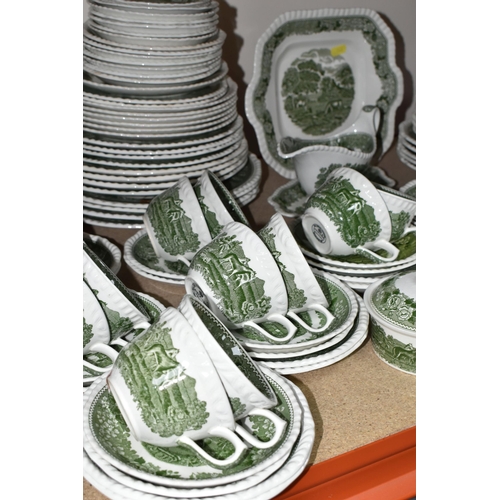 366 - A LARGE QUANTITY OF GREEN AND WHITE ADAMS IRONSTONE 'ENGLISH SCENIC' PATTERN DINNERWARE, comprising ... 