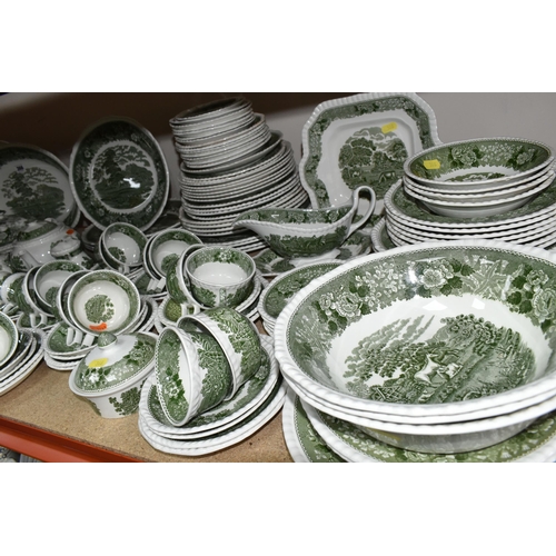 366 - A LARGE QUANTITY OF GREEN AND WHITE ADAMS IRONSTONE 'ENGLISH SCENIC' PATTERN DINNERWARE, comprising ... 