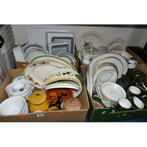 372 - FOUR BOXES OF CERAMICS, to include a set of 1980's  Aplico green and gilt coffee cups, tea cups, sau... 