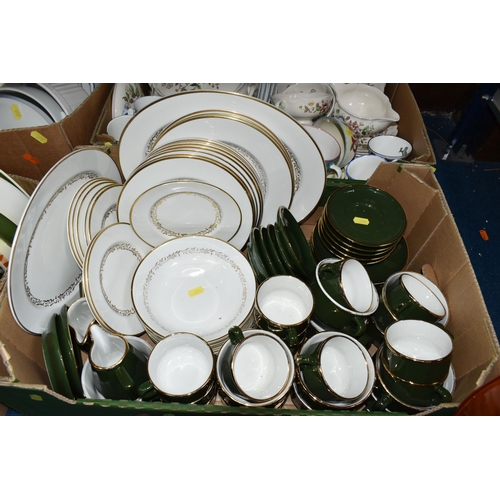 372 - FOUR BOXES OF CERAMICS, to include a set of 1980's  Aplico green and gilt coffee cups, tea cups, sau... 