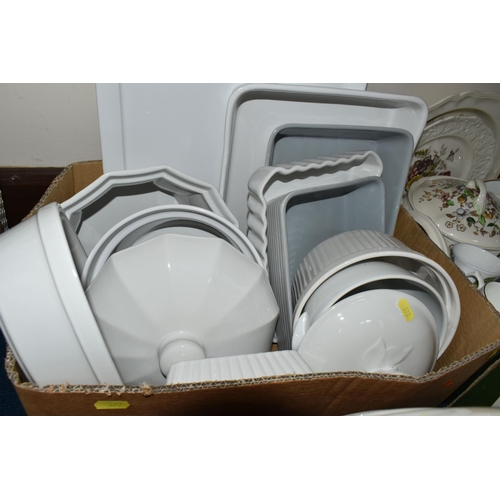 372 - FOUR BOXES OF CERAMICS, to include a set of 1980's  Aplico green and gilt coffee cups, tea cups, sau... 