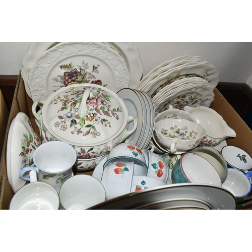 372 - FOUR BOXES OF CERAMICS, to include a set of 1980's  Aplico green and gilt coffee cups, tea cups, sau... 