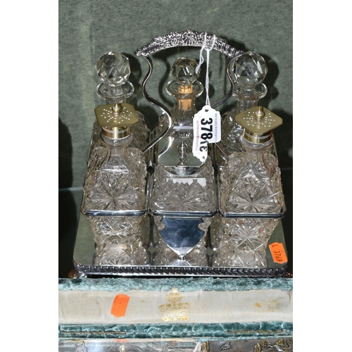 378 - A GROUP OF GLASS, METAL WARES, CERAMICS AND SHELL PICTURE, comprising a six piece cut glass cruet se... 