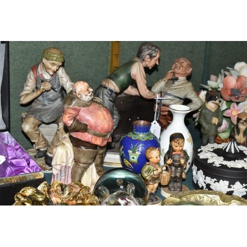 382 - A GROUP OF CERAMICS, GLASS AND METAL WARES, to include a Royal Doulton Falstaff HN2054 figure, a Cap... 