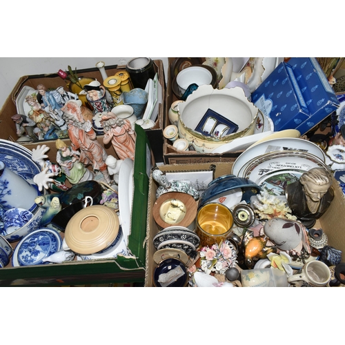 390 - FOUR BOXES OF CERAMICS AND SUNDRY ITEMS, to include a small collection of blue and white dinner ware... 