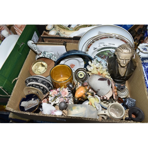 390 - FOUR BOXES OF CERAMICS AND SUNDRY ITEMS, to include a small collection of blue and white dinner ware... 