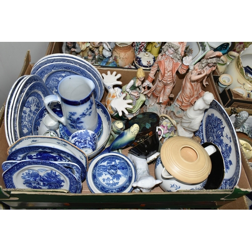 390 - FOUR BOXES OF CERAMICS AND SUNDRY ITEMS, to include a small collection of blue and white dinner ware... 