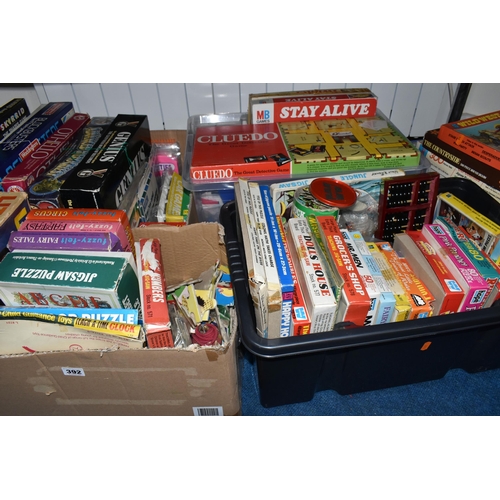 392 - SIX BOXES OF GAMES AND PUZZLES, games to include Advanced Hero Quest, Blockbuster, Connect 4, Spotty... 