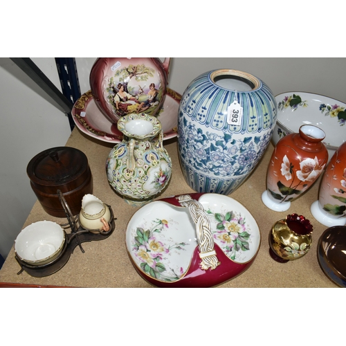 393 - A GROUP OF EARLY 20TH CENTURY CERAMICS, comprising a blue and white Chinese water bucket, a hand pai... 