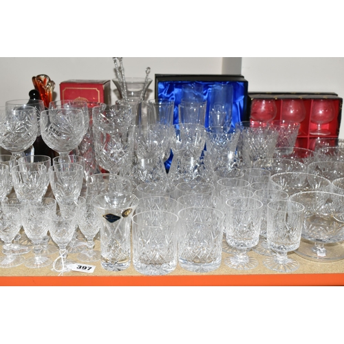 397 - A QUANTITY OF CUT CRYSTAL, comprising a set of four large wine glasses, champagne flutes, a boxed re... 