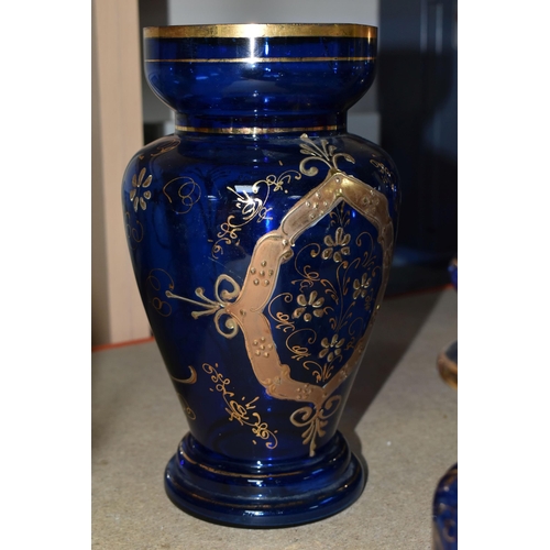 405 - A COLLECTION OF CERAMICS AND BOHEMIAN GLASSWARE, comprising a pair of blue Bohemian glass vases, two... 