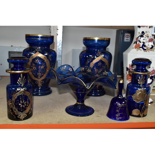 405 - A COLLECTION OF CERAMICS AND BOHEMIAN GLASSWARE, comprising a pair of blue Bohemian glass vases, two... 