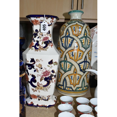 405 - A COLLECTION OF CERAMICS AND BOHEMIAN GLASSWARE, comprising a pair of blue Bohemian glass vases, two... 