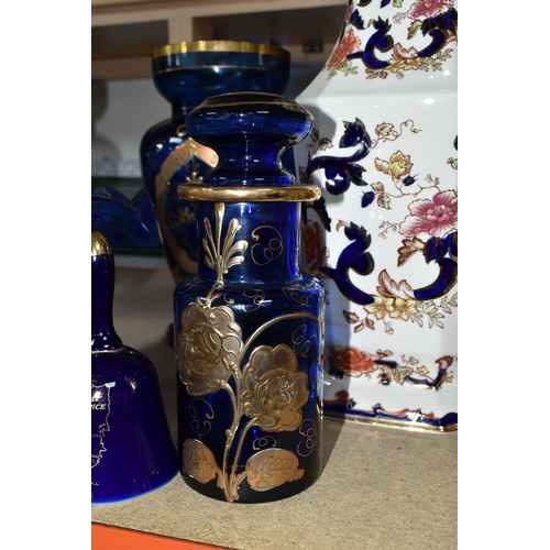 405 - A COLLECTION OF CERAMICS AND BOHEMIAN GLASSWARE, comprising a pair of blue Bohemian glass vases, two... 