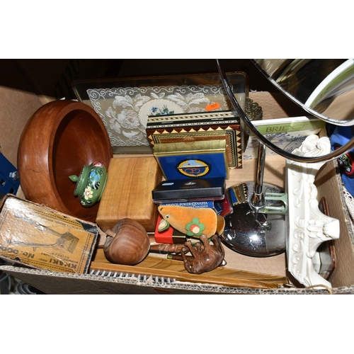 410 - FOUR BOXES OF METALWARE AND SUNDRIES, to include a small blue Lapis and semi-precious gemstone globe... 