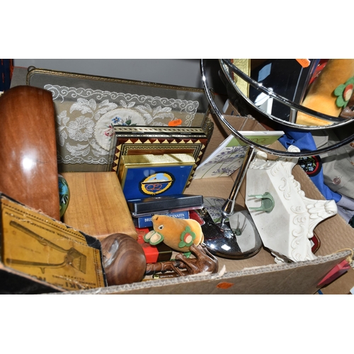 410 - FOUR BOXES OF METALWARE AND SUNDRIES, to include a small blue Lapis and semi-precious gemstone globe... 