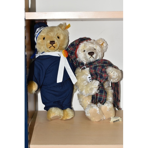 414 - TWO UNBOXED MODERN STEIFF TEDDY BEARS,  'Winter Bear' No.654459, cream plush mohair wearing tartan s... 