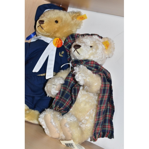 414 - TWO UNBOXED MODERN STEIFF TEDDY BEARS,  'Winter Bear' No.654459, cream plush mohair wearing tartan s... 